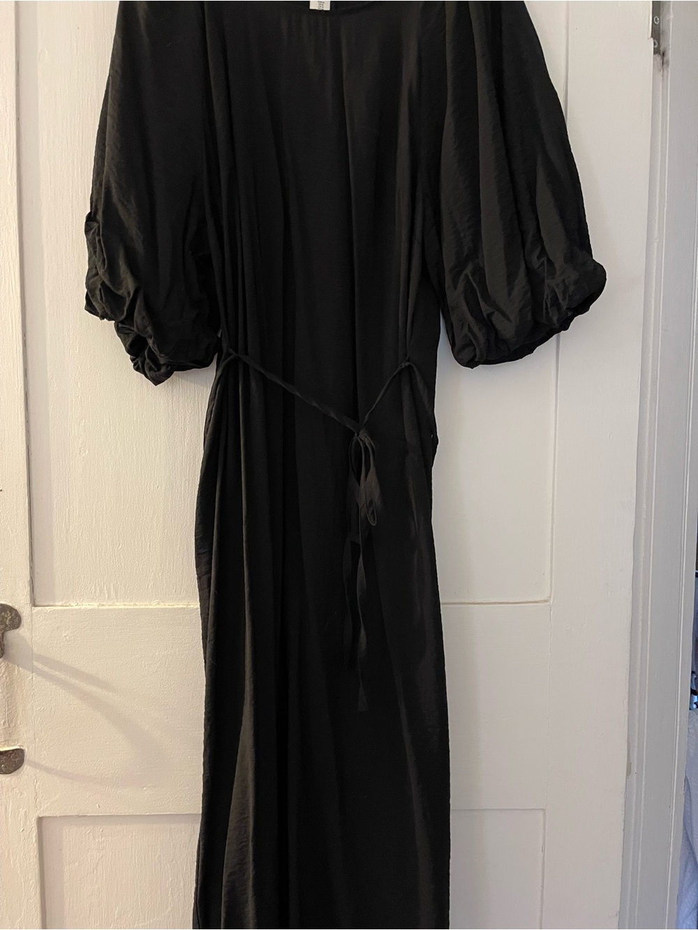 H&M Black Puff-Sleeve Maxi Dress with Waist Tie